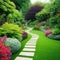 Tranquil A Modern Pathway through Lush Green Home Garden with Complementary Plants and Colorful Flowers leading to Cozy