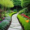 Tranquil A Modern Pathway through Lush Green Home Garden with Complementary Plants and Colorful Flowers leading to Cozy