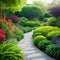 Tranquil A Modern Pathway through Lush Green Home Garden with Complementary Plants and Colorful Flowers leading to Cozy