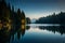 A tranquil, moonlit night over a calm, reflective lake surrounded by dense forest