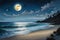 A tranquil, moonlit seascape with gentle waves lapping against a pristine, sandy beach, under the serene glow of a full moon