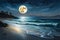 A tranquil, moonlit seascape with gentle waves lapping against a pristine, sandy beach, under the serene glow of a full moon