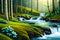 A tranquil and moss-covered forest with a meandering stream