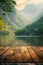 Tranquil Mountain Lake View from Wooden Pier at Sunrise with Mist and Lush Greenery