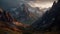 Tranquil mountain meadow at dusk, majestic peak in panoramic view generated by AI