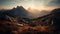 Tranquil mountain range, majestic peak, sunrise, forest, adventure, hiking trail generated by AI