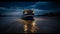 A tranquil nautical vessel sails through the beautiful twilight seascape generated by AI