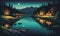 Tranquil Nighttime River Illuminated by Bioluminescent Magic