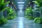 Tranquil Office Hallway with Lush Greenery During Quiet Hours. Concept Office Decor, Greenery,