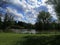 Tranquil outdoor scene featuring a lush green park with an abundance of leafy trees and a small lake