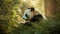 A tranquil panda munching on bamboo in a warm, sunlight-filled forest setting