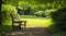 Tranquil Park Bench Surrounded by Lush Greenery. Generative ai