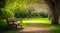 Tranquil Park Bench Surrounded by Lush Greenery. Generative ai