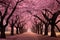 Tranquil Park pink trees bench. Generate Ai