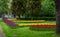 Tranquil pathway lined with vibrant tulip flowers and lush greenery