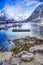 Tranquil Picturesque Harbour Seascape Against Snowy Mountains