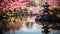 Tranquil and Picturesque Traditional Japanese Garden in Full Bloom with Cherry Blossom Trees