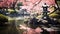 Tranquil and Picturesque Traditional Japanese Garden in Full Bloom with Cherry Blossom Trees