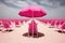 Tranquil Pink beach surreal umbrella. Generate Ai