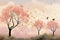 tranquil pink nature background with elegant trees and charming birds illustration