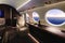 Tranquil plane window scene dark turquoise skies and elegant champagne glass in soft light gradient