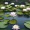 A tranquil pond filled with floating water lilies that release tiny, shimmering dragonflies at sunset3