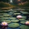 A tranquil pond filled with floating water lilies that release tiny, shimmering dragonflies at sunset4