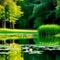 tranquil pond surrounded by tall trees, with a beautiful lily pad garden and calm reflection of the sky, serene