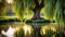 A tranquil pond surrounded by weeping willows