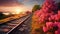 Tranquil Railway Passing By Beautiful Coral Flowers At Sunset