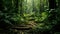 Tranquil rainforest lush green, wet, mysterious, crowded with animals generated by AI