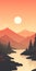 Tranquil Rapids Minimalistic Mountain Landscape With Orange Sunset