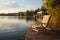 Tranquil retreat Wooden dock with a lounge chair on a calm lake