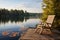 Tranquil retreat Wooden dock with a lounge chair on a calm lake
