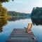 Tranquil retreat Wooden dock with a lounge chair on a calm lake