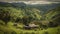 Tranquil rice paddy meadow, rustic hut, mountain range panorama generated by AI