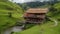 Tranquil rice paddy meadow, rustic stilt house in indigenous community generated by AI