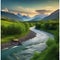 A tranquil river winding through a lush green valley, with mountains in the background1