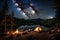 A tranquil riverside campsite with a flickering campfire, tents, and the night sky filled with stars