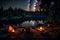 A tranquil riverside campsite with a flickering campfire, tents, and the night sky filled with stars