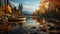 Tranquil Rowboat On Calm Lake: Vray Tracing And Autumn Beauty