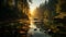 Tranquil scene autumn forest, reflecting mountains, flowing water, serene wildlife generated by AI