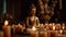 Tranquil scene of candlelight, meditating statue, symbolizing spirituality and harmony generated by AI