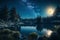 Tranquil scene: celestial beauty in nature, calm reflected in peaceful moonlit forest