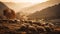 A tranquil scene of a farm at dusk, with sheep grazing generated by AI