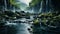Tranquil scene flowing water, green trees, rocky mountain beauty generated by AI