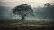 Tranquil scene foggy meadow, backlit tree, silhouette, mysterious beauty generated by AI