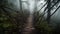 Tranquil scene, foggy mystery, spooky forest adventure generated by AI