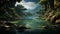 Tranquil scene green forest, flowing water, majestic mountains, serene reflection generated by AI