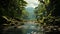 Tranquil scene green forest, flowing water, reflecting sunlight, untouched beauty generated by AI